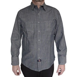 DICKIES classic fit denim western snap front long sleeve work shirt Size L NEW